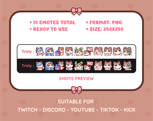 Brown and White Cat Twitch emote pack preview displaying all 10 emotes with format and size information.