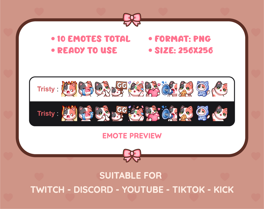 Calico Cat Twitch emote pack preview displaying all 10 emotes with format and size information.