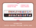 Calico Cat Twitch emote pack preview displaying all 10 emotes with format and size information.