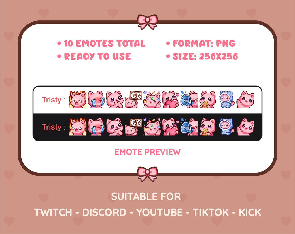 Pink Cat Twitch emote pack preview displaying all 10 emotes with format and size information.