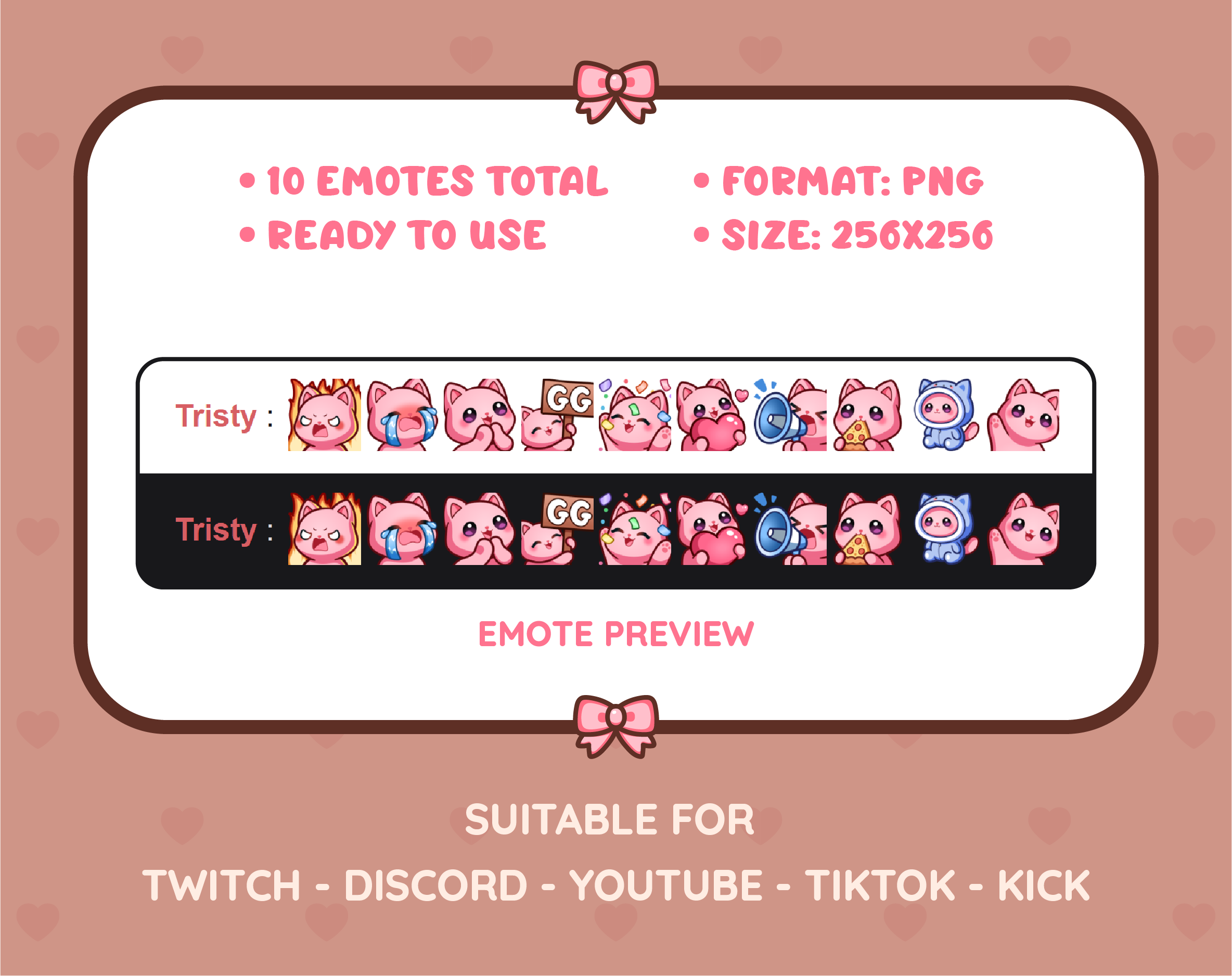 Pink Cat Twitch emote pack preview displaying all 10 emotes with format and size information.