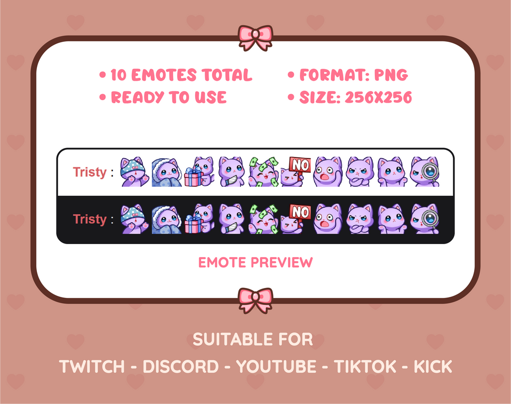 Purple Cat Twitch emote pack preview displaying all 10 emotes with format and size information.