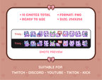 Purple Cat Twitch emote pack preview displaying all 10 emotes with format and size information.