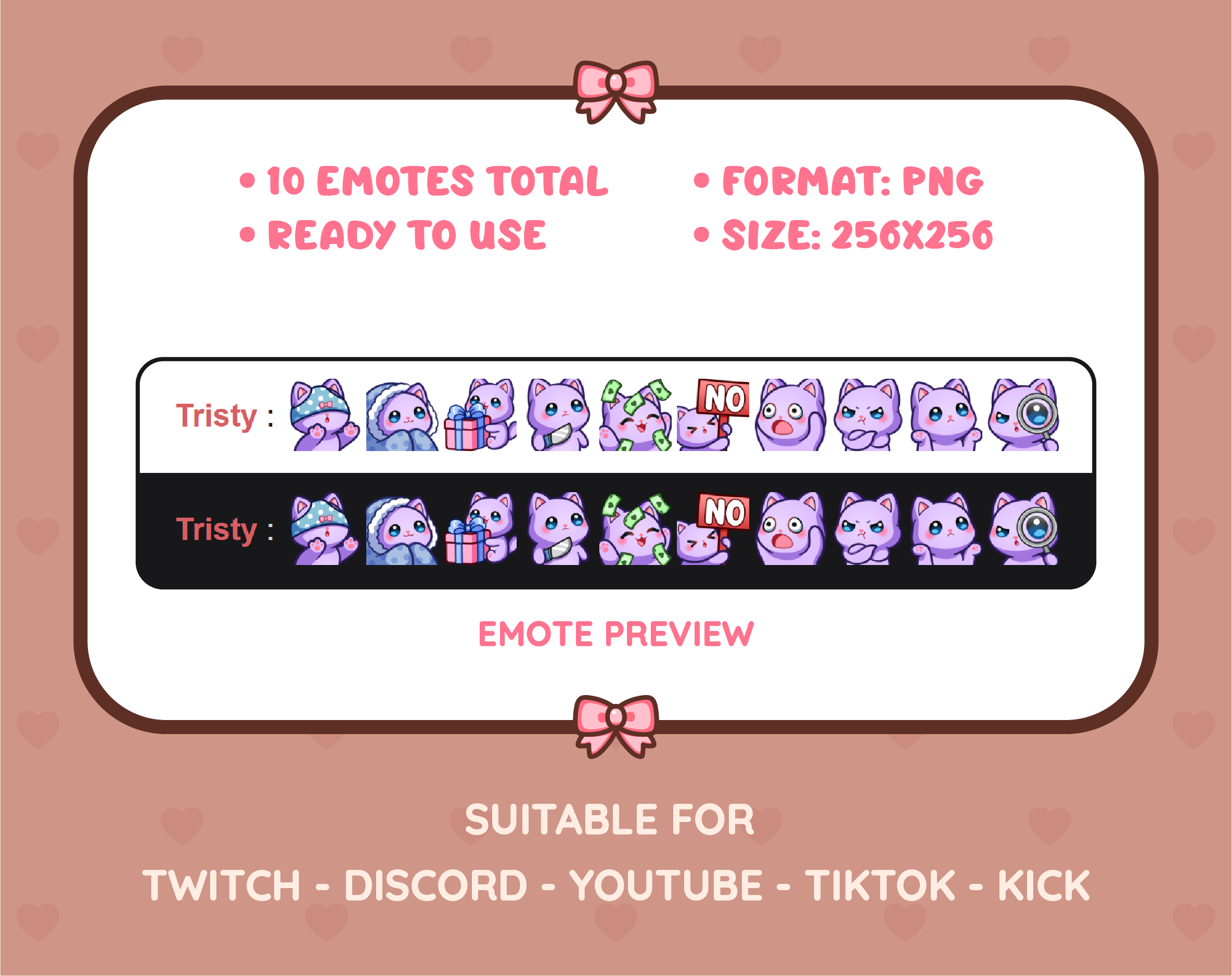 Purple Cat Twitch emote pack preview displaying all 10 emotes with format and size information.
