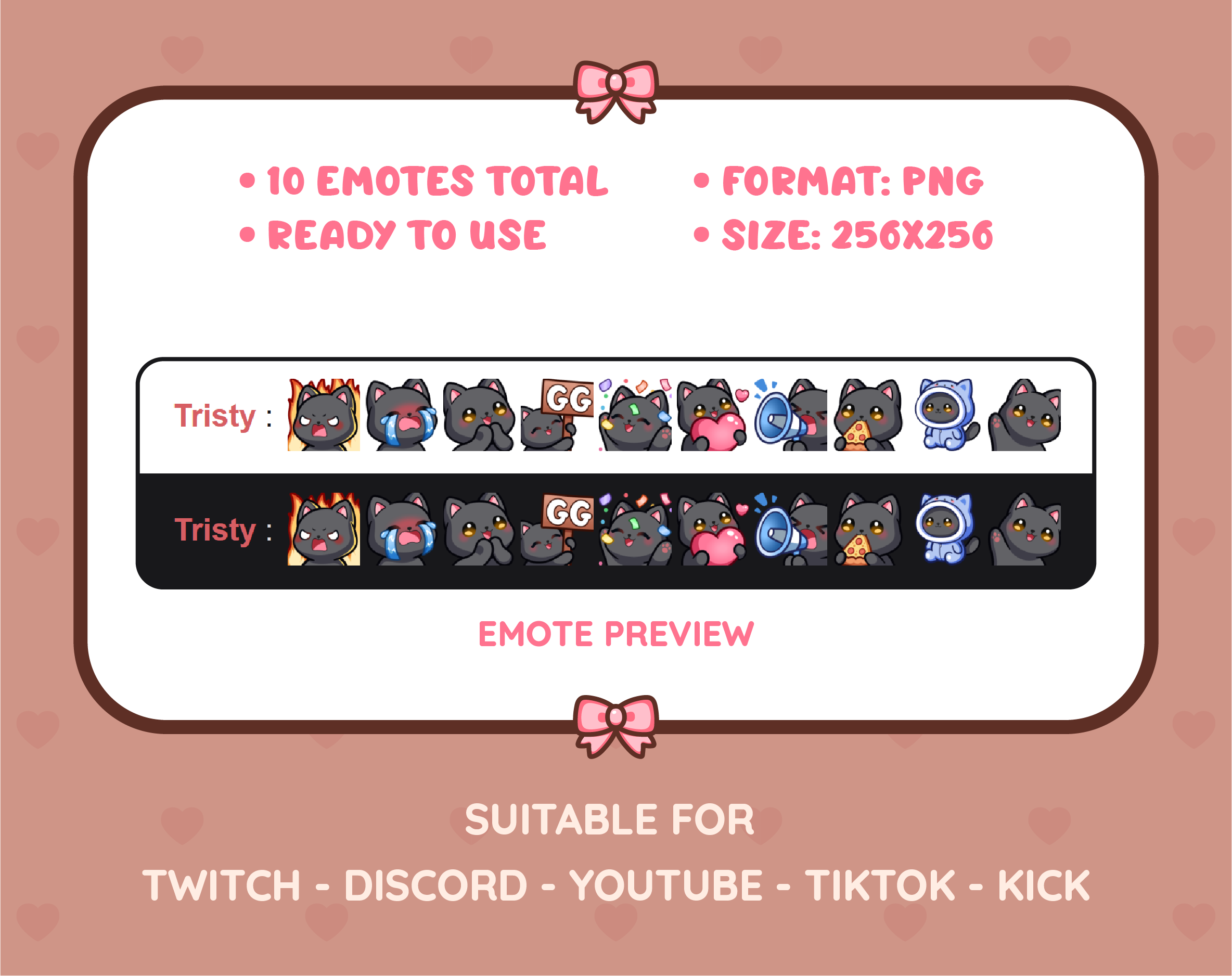 Black Cat Twitch emote pack preview displaying all 10 emotes with format and size information.