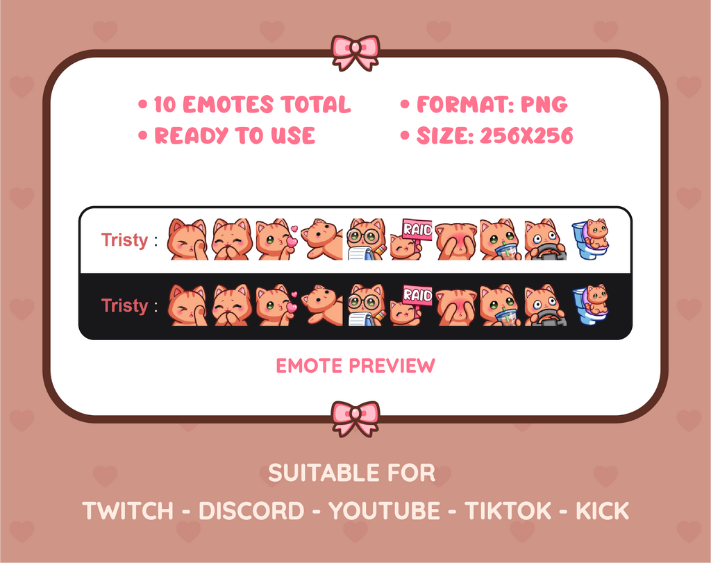 Orange Tabby Cat Twitch emote pack preview displaying all 10 emotes with format and size information.