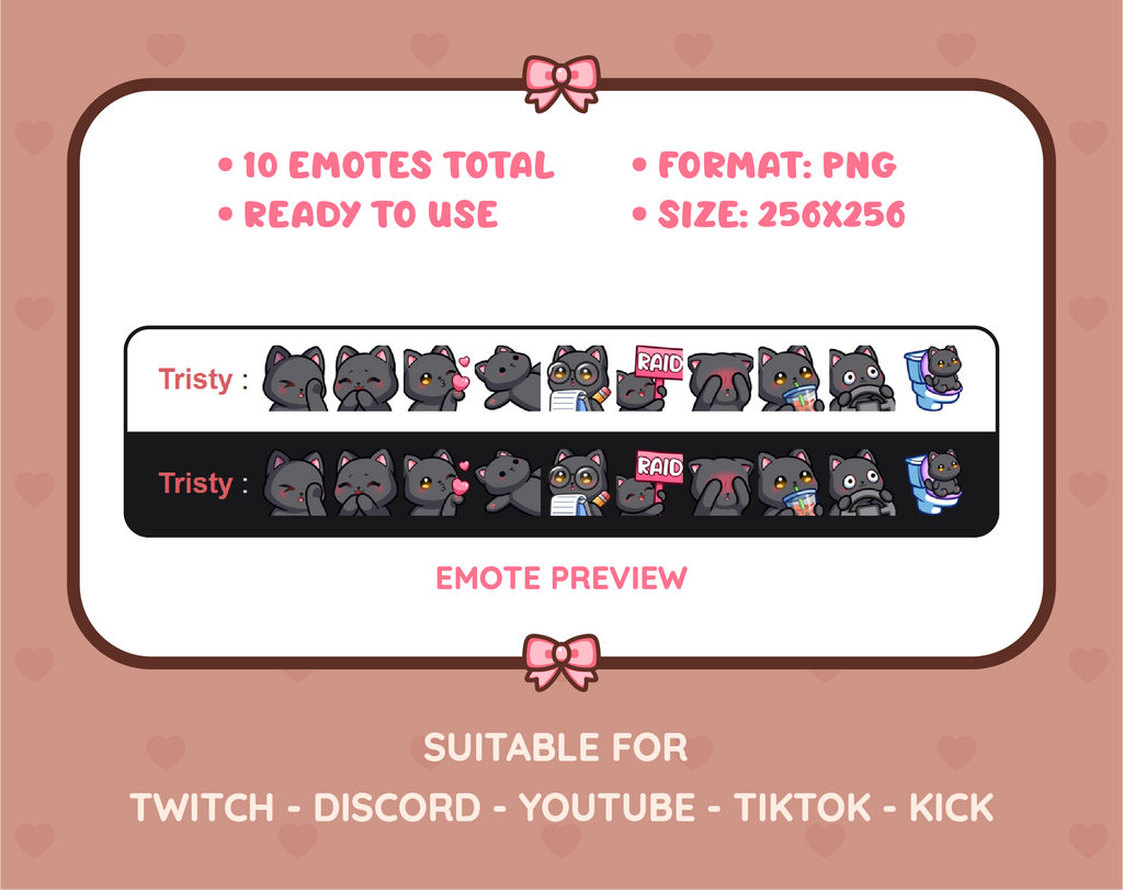 Black Cat Twitch emote pack preview displaying all 10 emotes with format and size information.