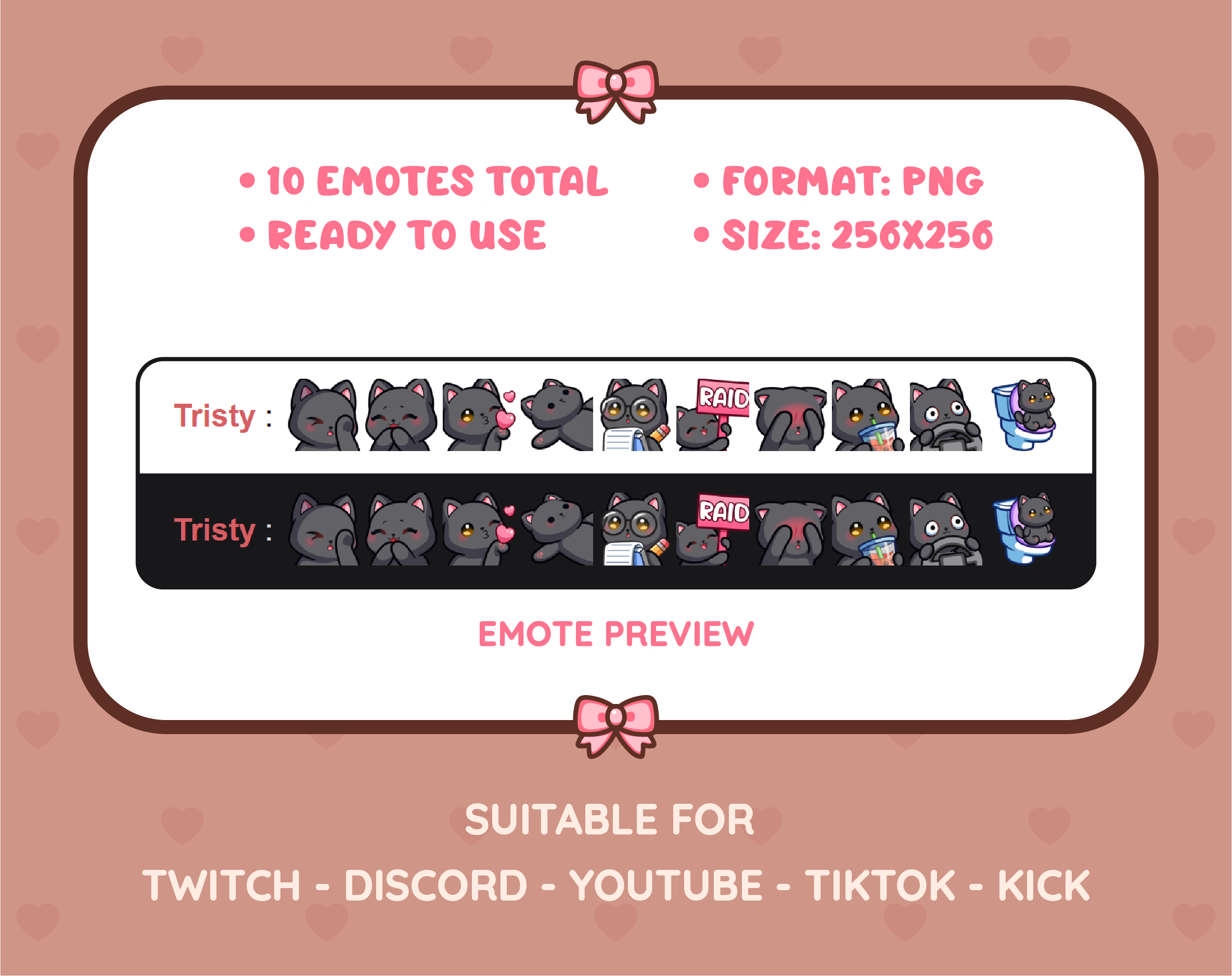 Black Cat Twitch emote pack preview displaying all 10 emotes with format and size information.