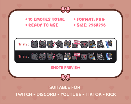 Black Cat Twitch emote pack preview displaying all 10 emotes with format and size information.