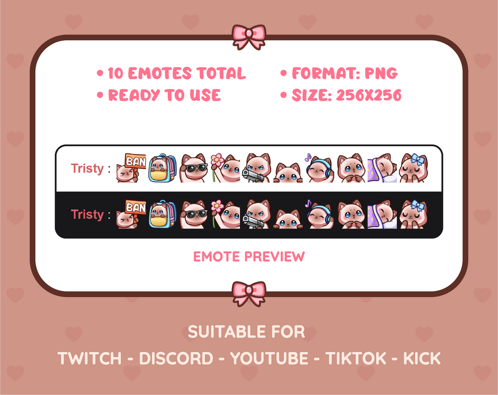 Siamese Cat Twitch emote pack preview displaying all 10 emotes with format and size information.