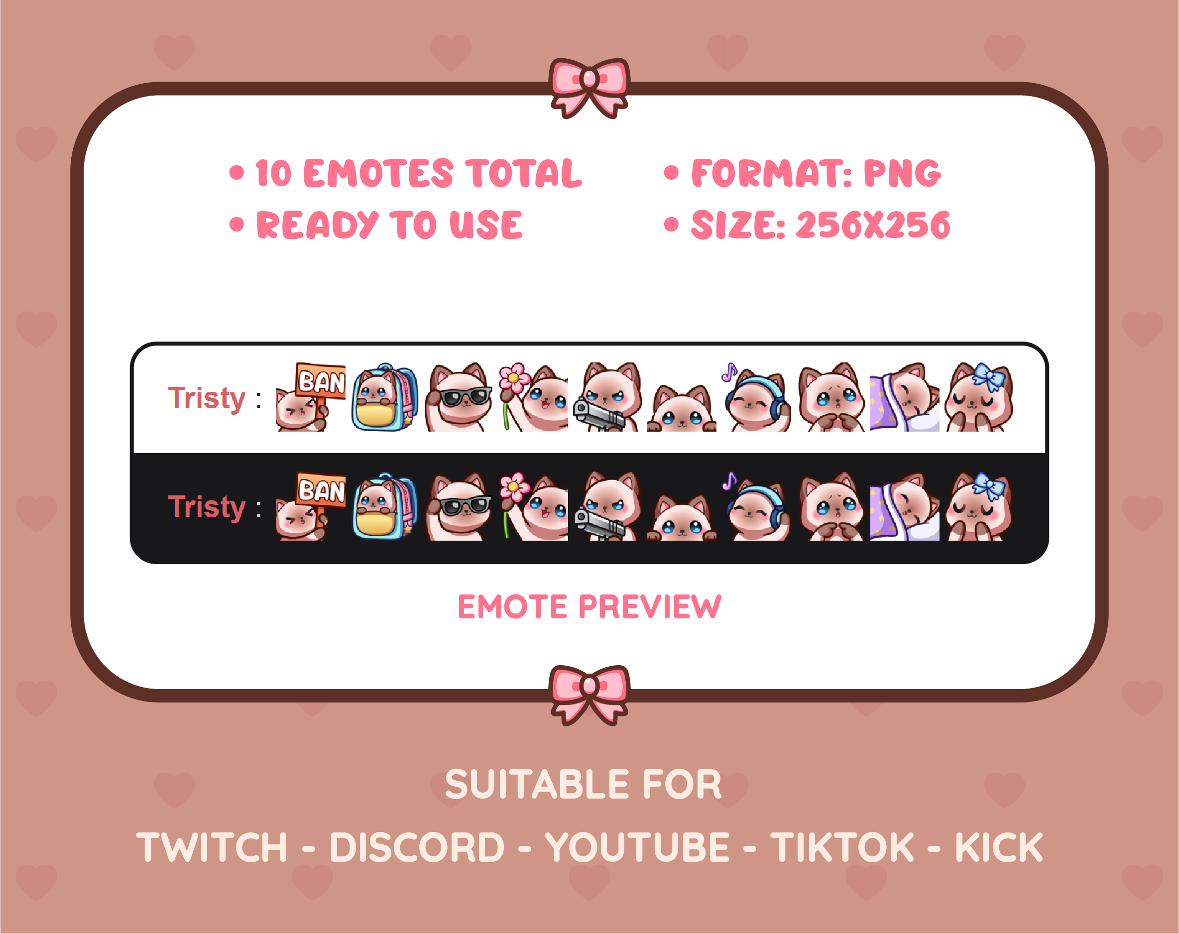 Siamese Cat Twitch emote pack preview displaying all 10 emotes with format and size information.
