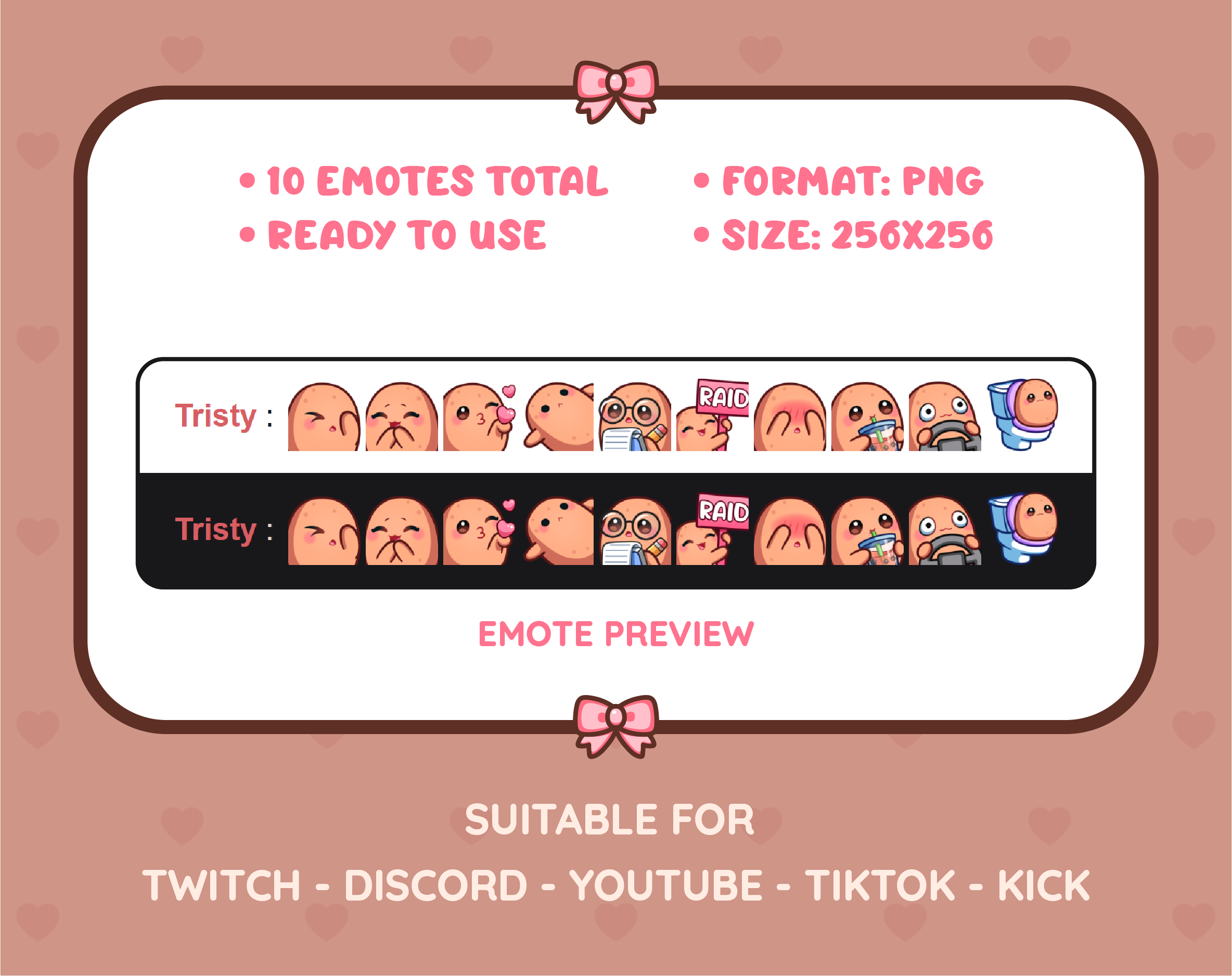 Potato Twitch emote pack preview displaying all 10 emotes with format and size information.