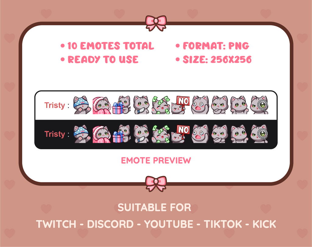 Gray Tabby Cat Twitch emote pack preview displaying all 10 emotes with format and size information.