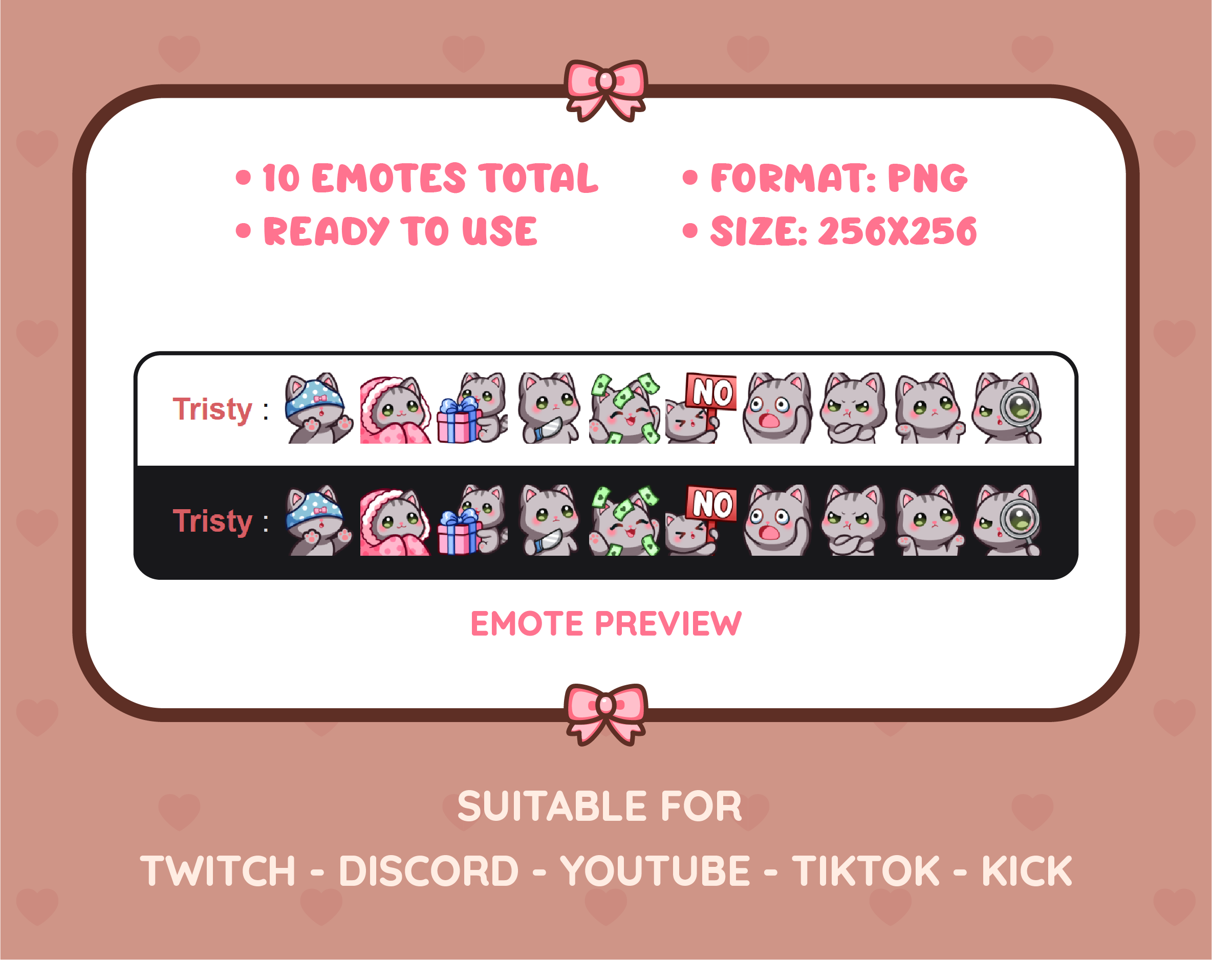 Gray Tabby Cat Twitch emote pack preview displaying all 10 emotes with format and size information.