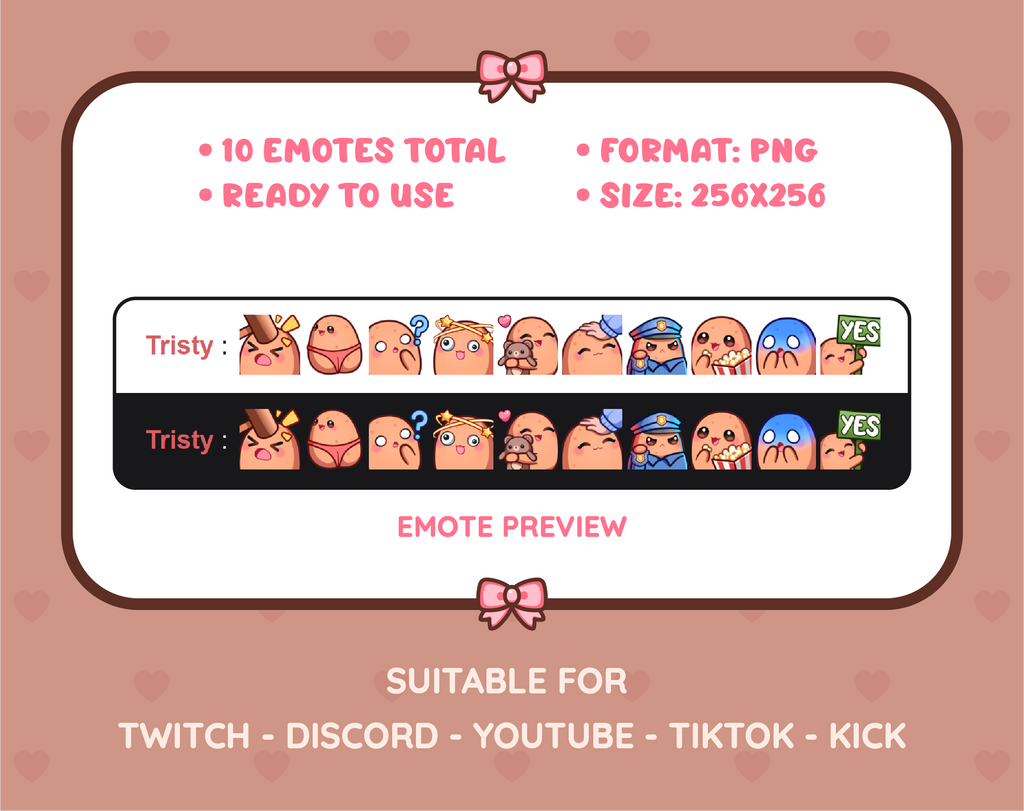 Potato Twitch emote pack preview displaying all 10 emotes with format and size information.