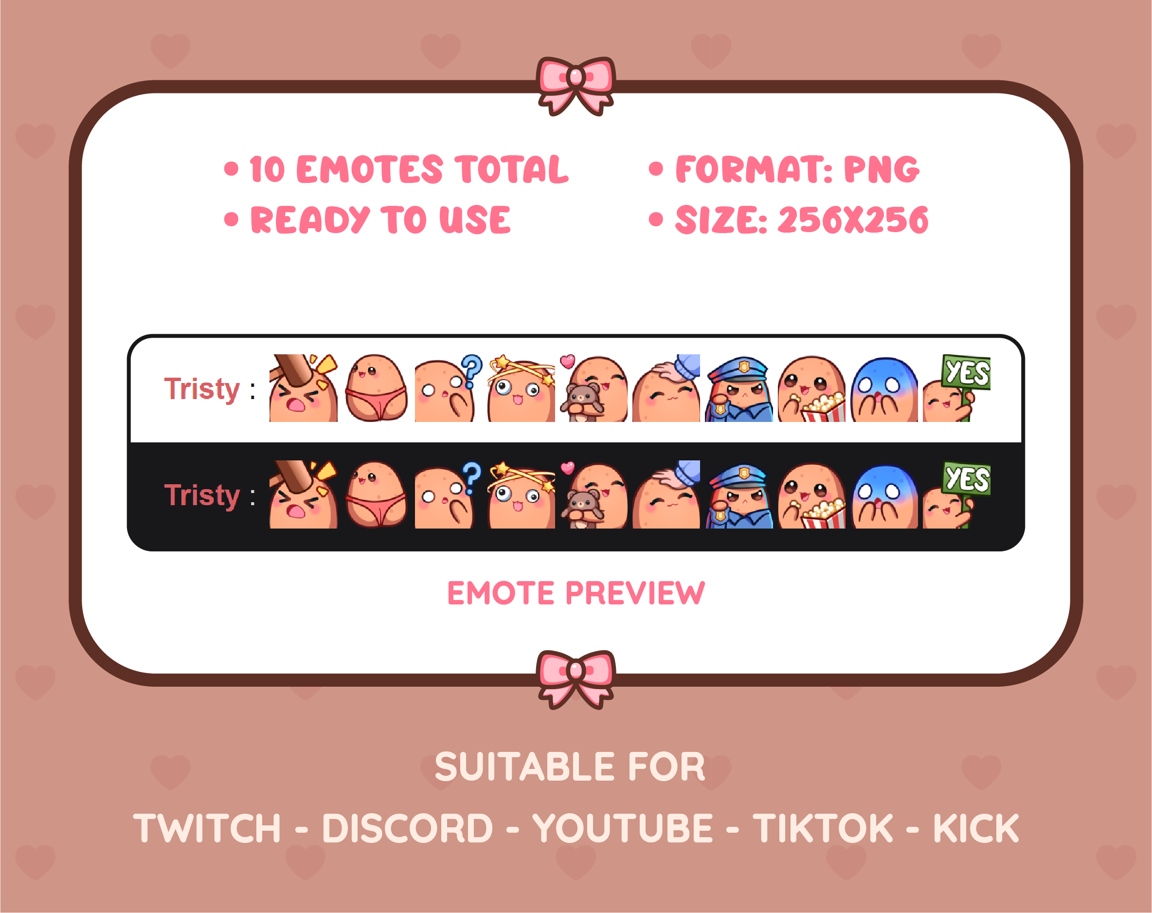 Potato Twitch emote pack preview displaying all 10 emotes with format and size information.