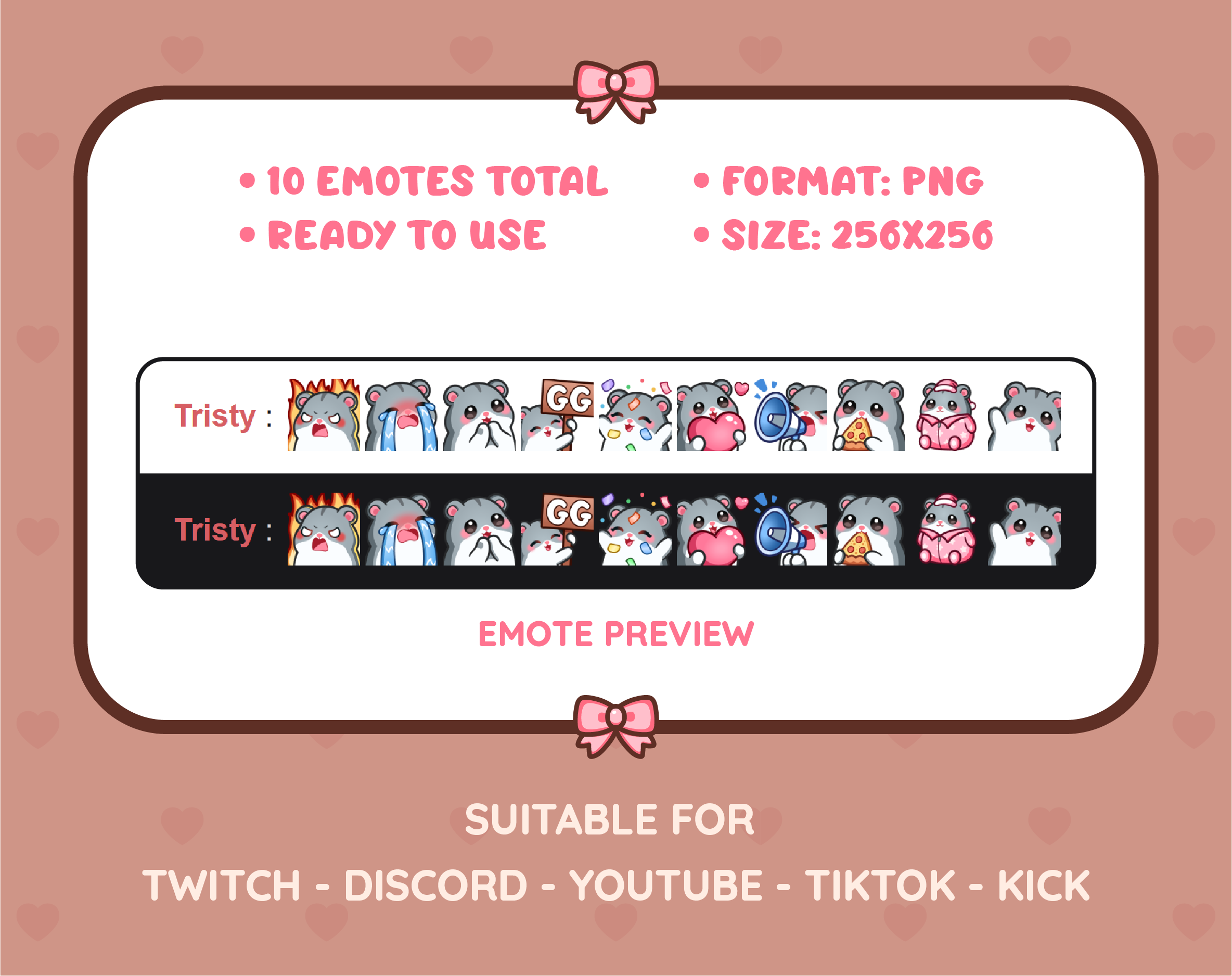 Gray Hamster Twitch emote pack preview displaying all 10 emotes with format and size information.