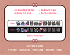 Black Cat Twitch emote pack preview displaying all 10 emotes with format and size information.