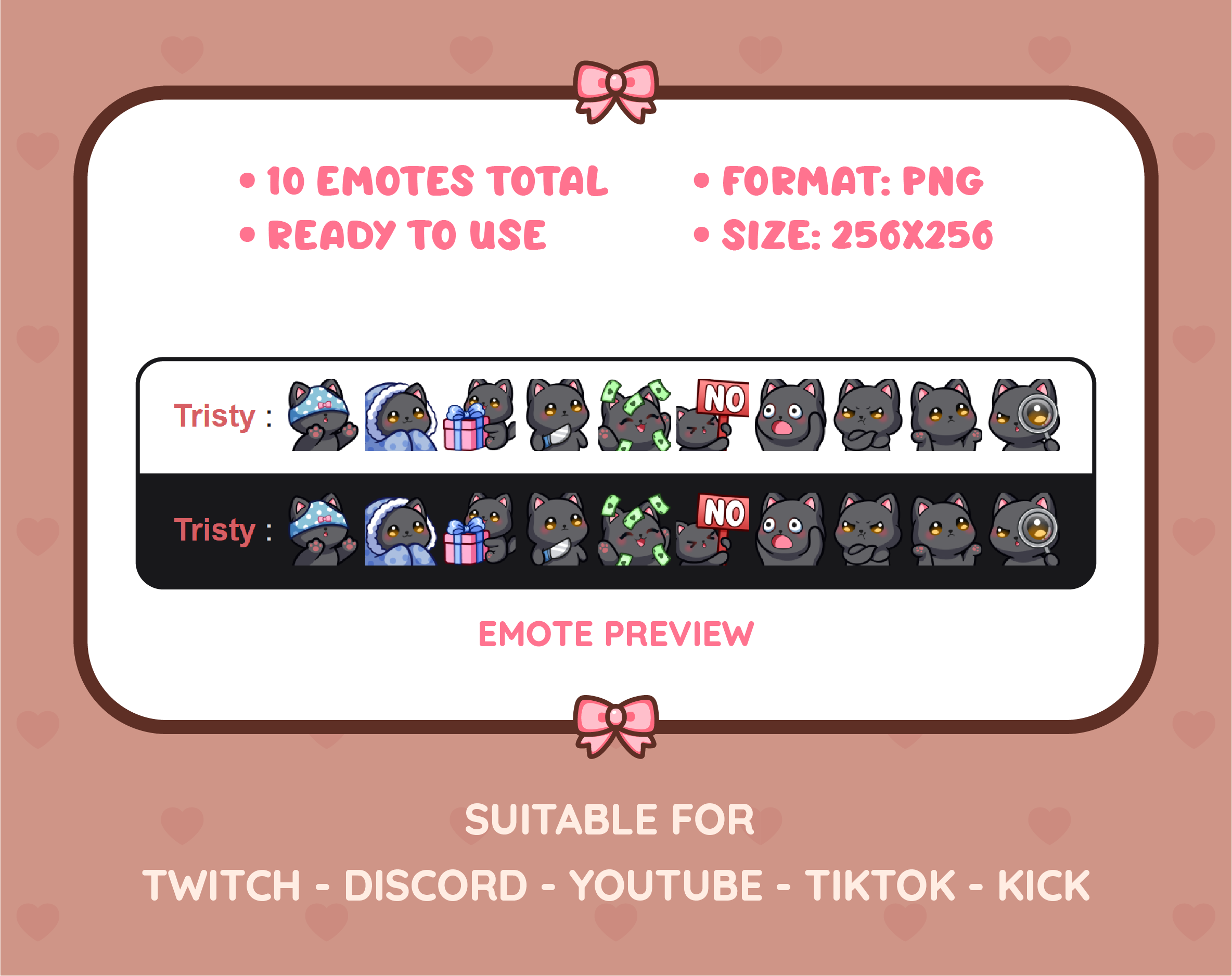 Black Cat Twitch emote pack preview displaying all 10 emotes with format and size information.