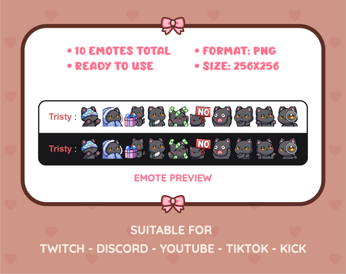 Black Cat Twitch emote pack preview displaying all 10 emotes with format and size information.