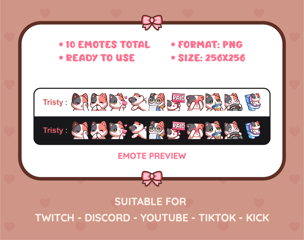 Calico Cat Twitch emote pack preview displaying all 10 emotes with format and size information.