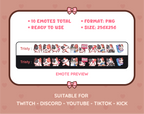 Calico Cat Twitch emote pack preview displaying all 10 emotes with format and size information.