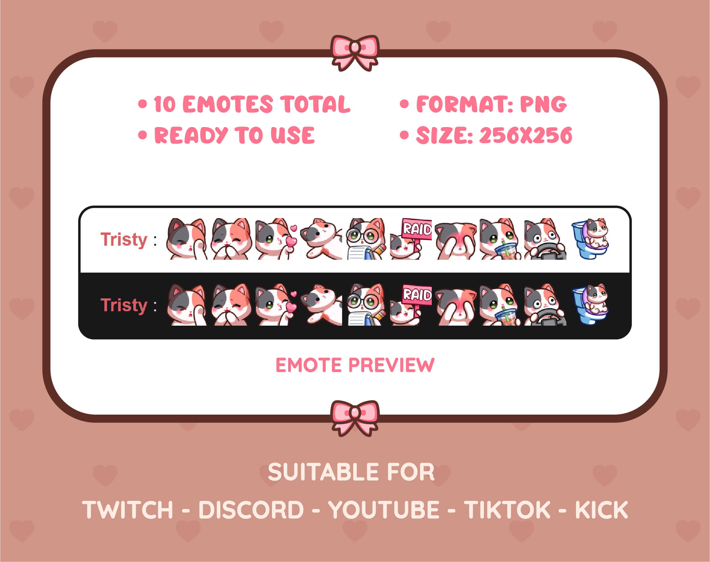 Calico Cat Twitch emote pack preview displaying all 10 emotes with format and size information.