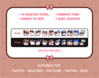 Black and White Cat Twitch emote pack preview displaying all 10 emotes with format and size information.