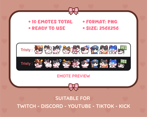 Black and White Cat Twitch emote pack preview displaying all 10 emotes with format and size information.