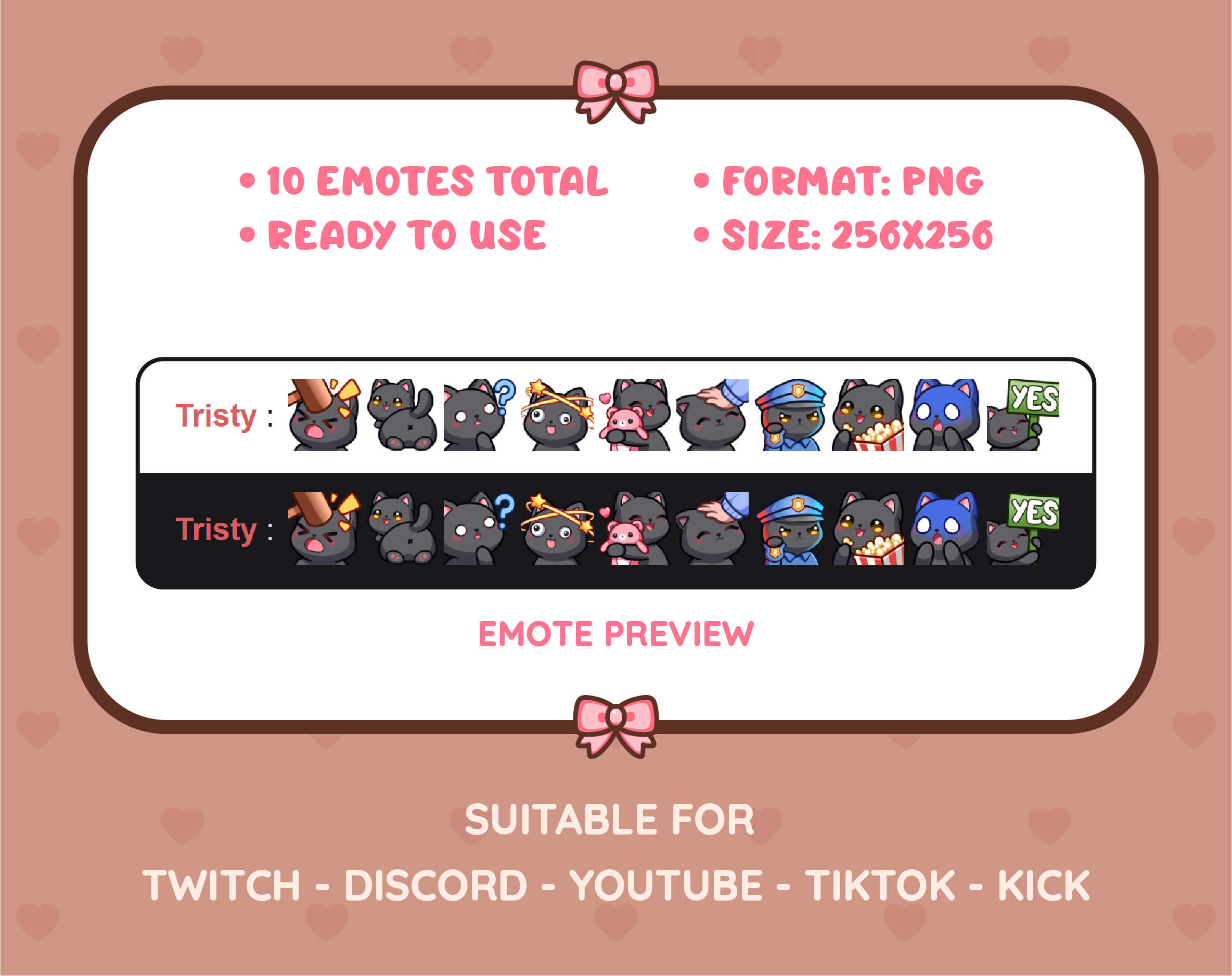 Black Cat Twitch emote pack preview displaying all 10 emotes with format and size information.