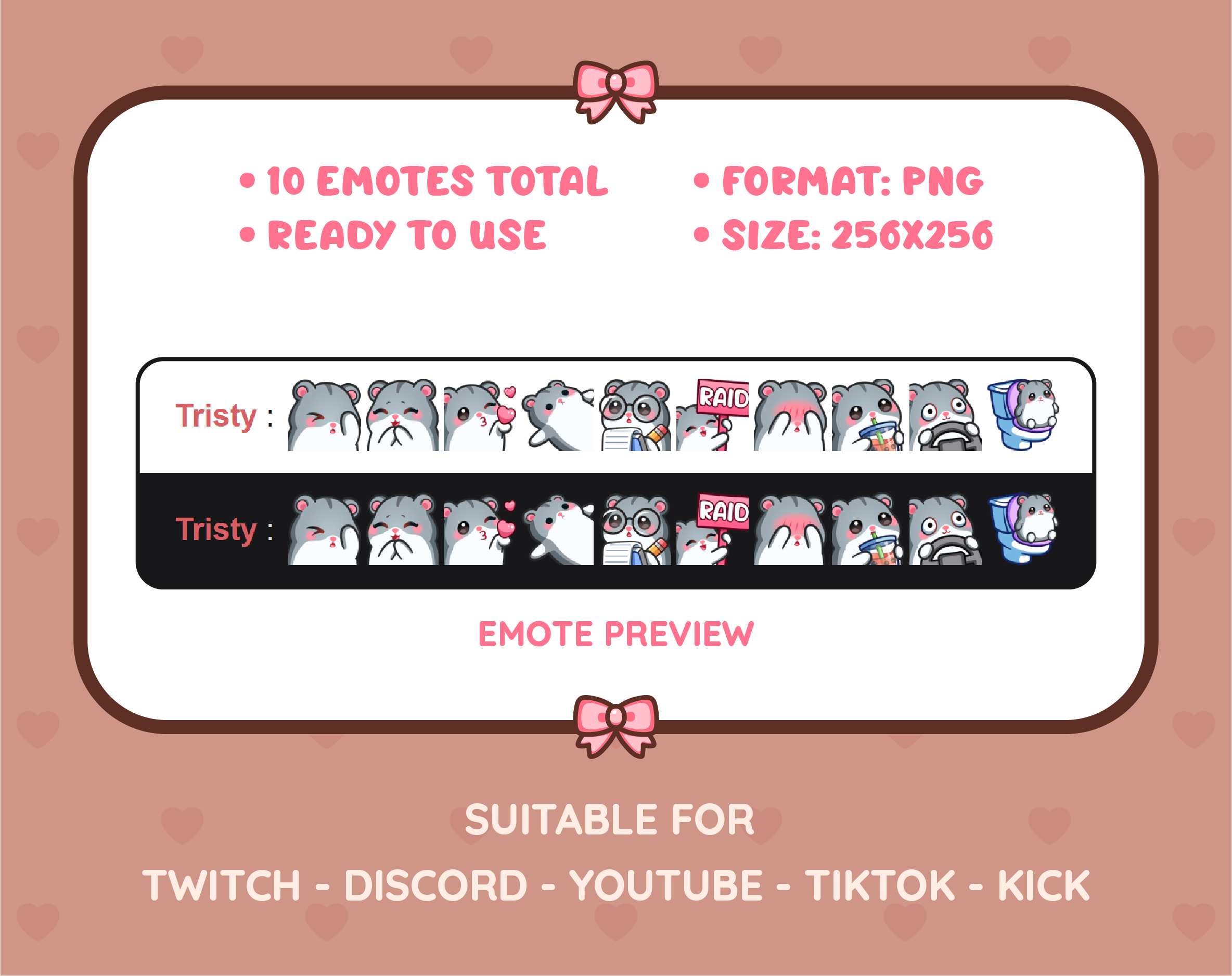 Gray Hamster Twitch emote pack preview displaying all 10 emotes with format and size information.