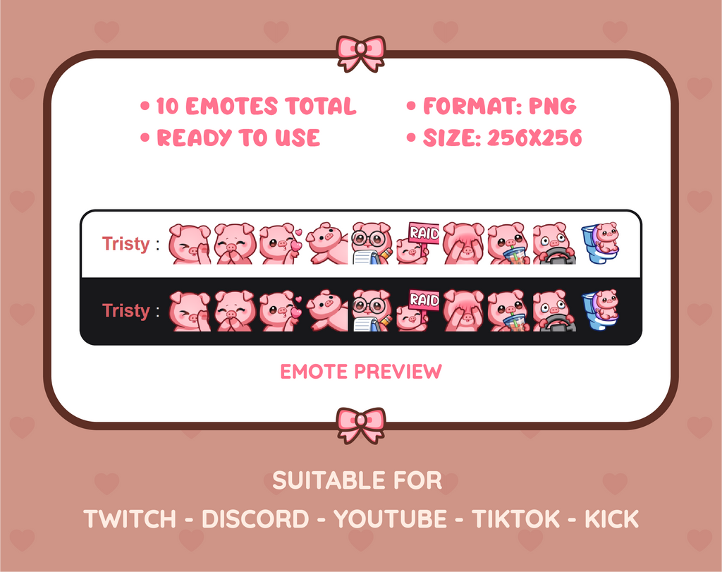Pig Twitch emote pack preview displaying all 10 emotes with format and size information.