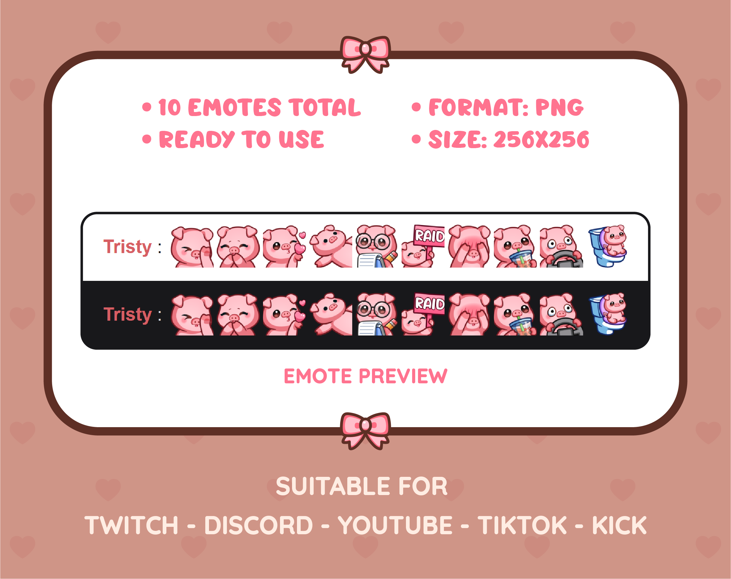 Pig Twitch emote pack preview displaying all 10 emotes with format and size information.