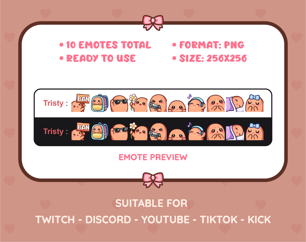 Potato Twitch emote pack preview displaying all 10 emotes with format and size information.