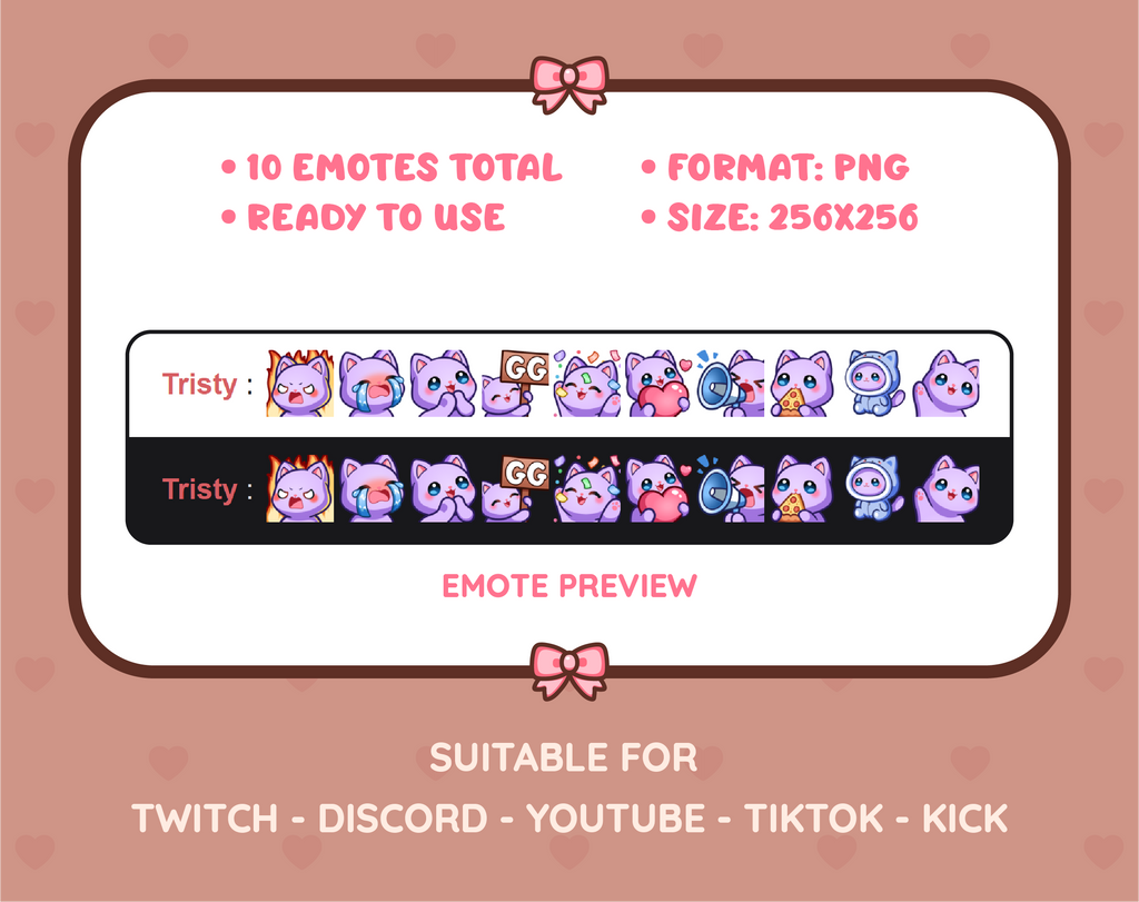 Purple Cat Twitch emote pack preview displaying all 10 emotes with format and size information.
