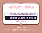 Purple Cat Twitch emote pack preview displaying all 10 emotes with format and size information.