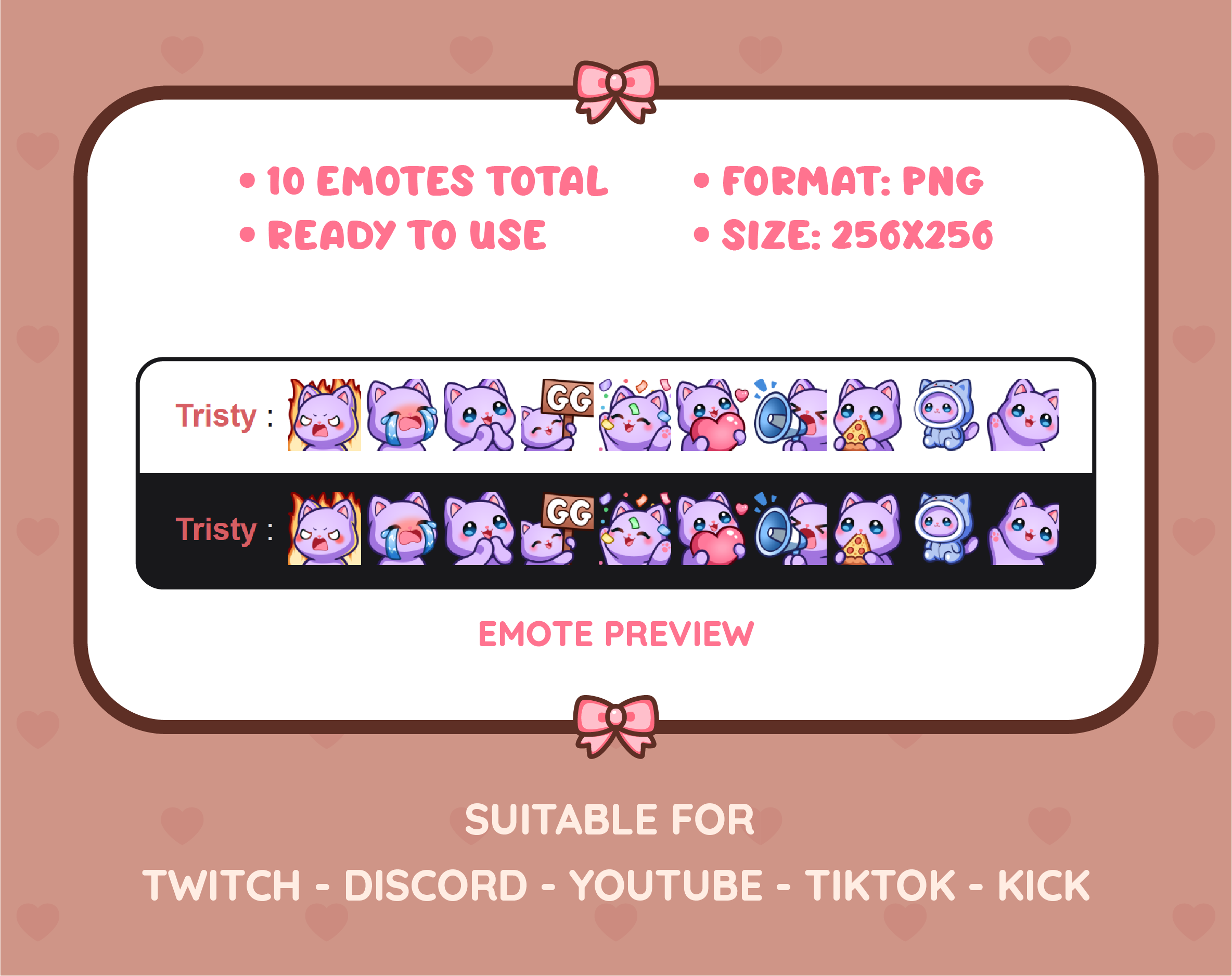 Purple Cat Twitch emote pack preview displaying all 10 emotes with format and size information.