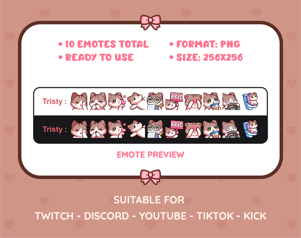 Brown and White Cat Twitch emote pack preview displaying all 10 emotes with format and size information.