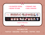 Brown and White Cat Twitch emote pack preview displaying all 10 emotes with format and size information.