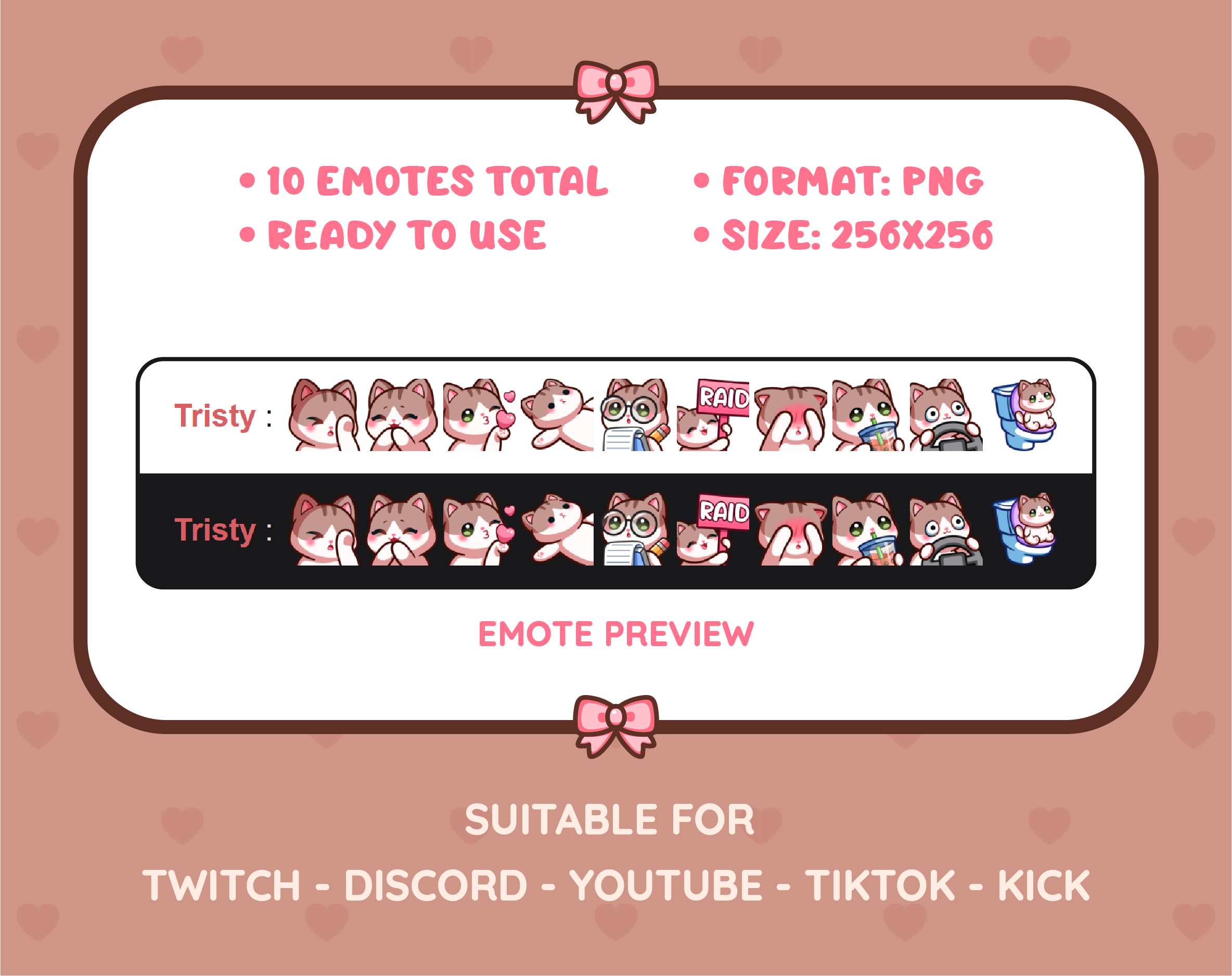 Brown and White Cat Twitch emote pack preview displaying all 10 emotes with format and size information.