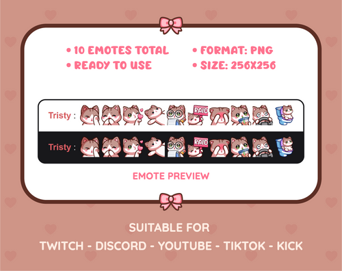 Brown and White Cat Twitch emote pack preview displaying all 10 emotes with format and size information.