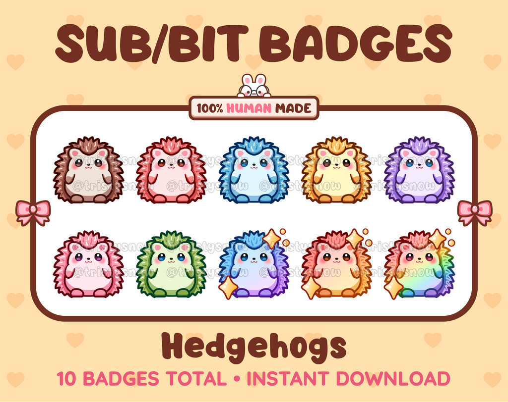 Hedgehog Twitch sub badge pack featuring 10 subscriber badges in multiple color variations.