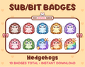 Hedgehog Twitch sub badge pack featuring 10 subscriber badges in multiple color variations.