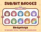 Hedgehog Twitch sub badge pack featuring 10 subscriber badges in multiple color variations.