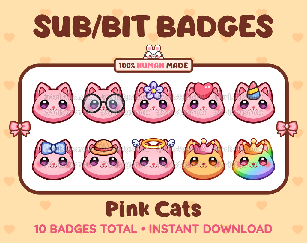 Pink Cat Twitch sub badge pack featuring 10 subscriber badges with progressive addon elements.