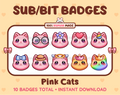 Pink Cat Twitch sub badge pack featuring 10 subscriber badges with progressive addon elements.