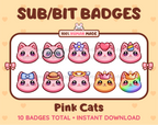 Pink Cat Twitch sub badge pack featuring 10 subscriber badges with progressive addon elements.