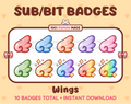 Wing Twitch sub badge pack featuring 10 subscriber badges in multiple color variations.