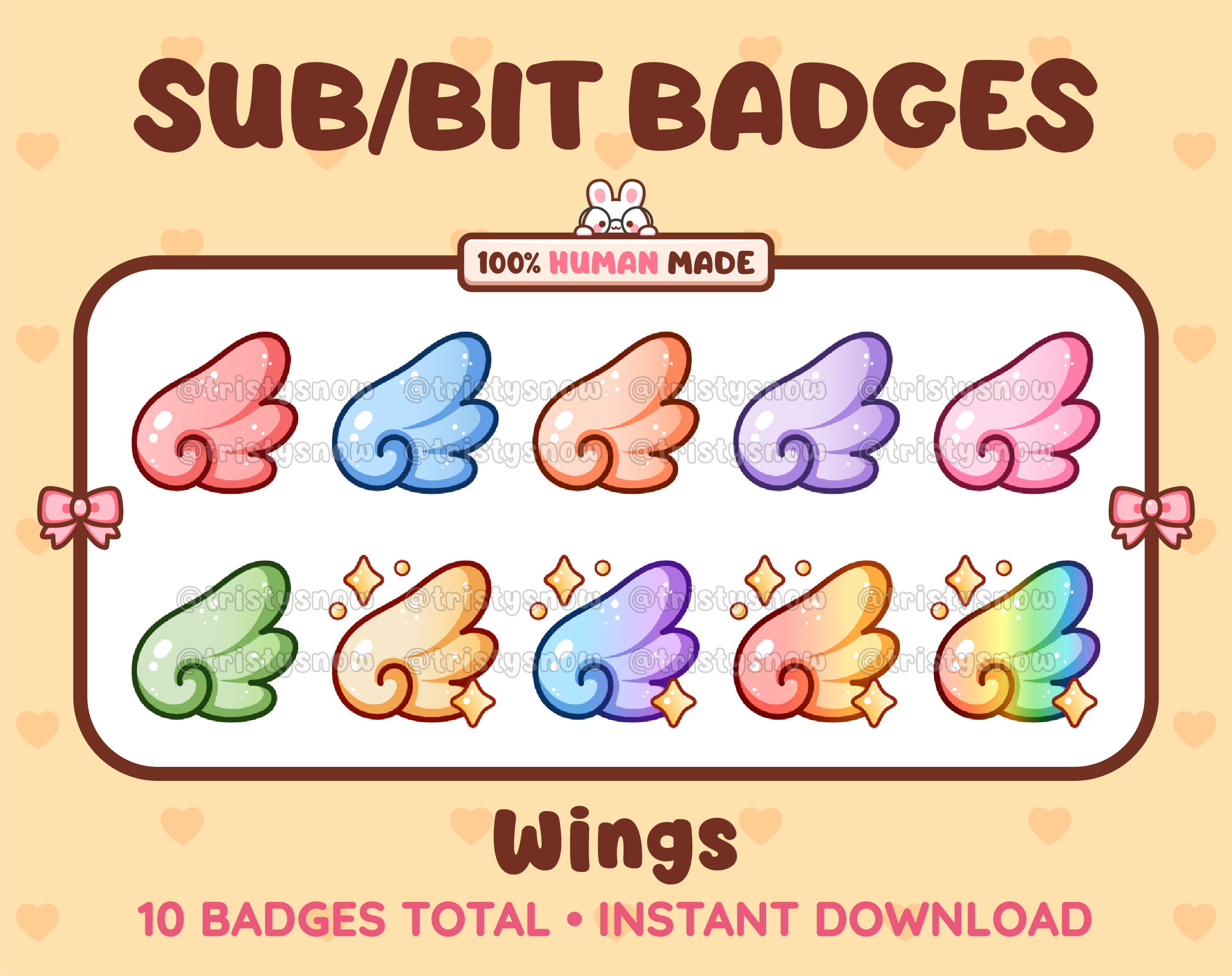 Wing Twitch sub badge pack featuring 10 subscriber badges in multiple color variations.