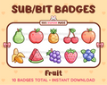 Fruit Twitch sub badge pack featuring 10 subscriber badges with different fruit designs.